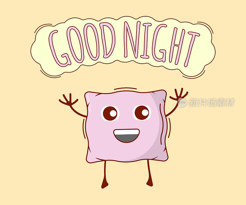 Good Night Banner, Pillow Icon. Cute Character, Concept Label. Cartoon Vector Illustration
